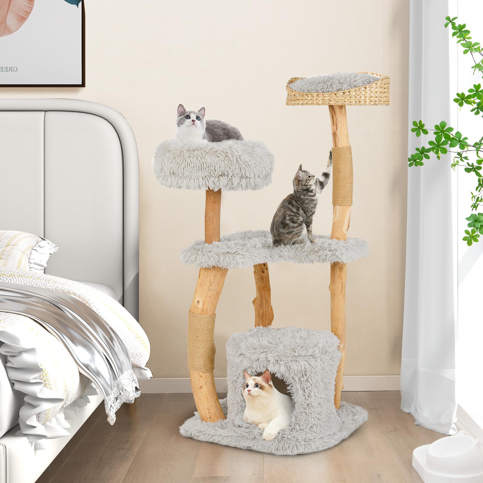 Tangkula Cat Tree Tower, Solid Wood Modern Cat Tower With Top Cattail Basket Bed, Side Perch, Large Platform & Cat Condo, Cute C
